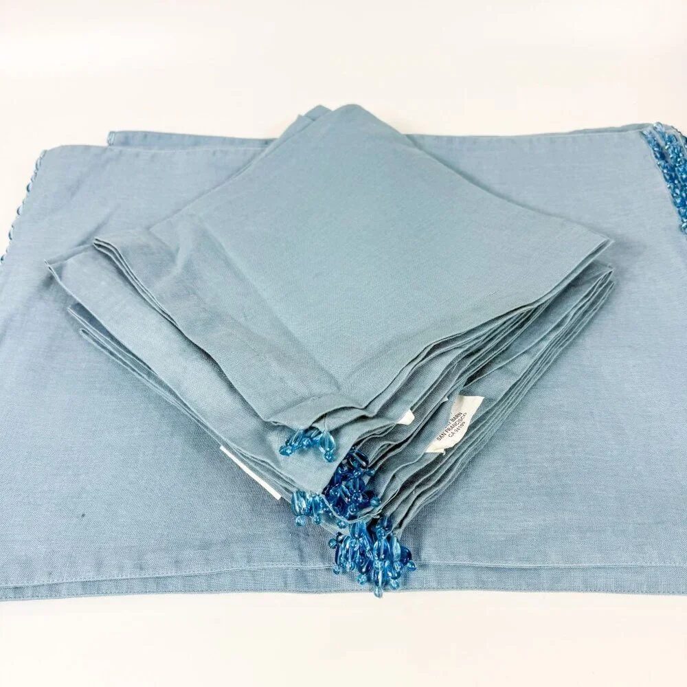 Pottery Barn Light Blue 100% Linen Beaded Placemats & Napkins Set Of 10